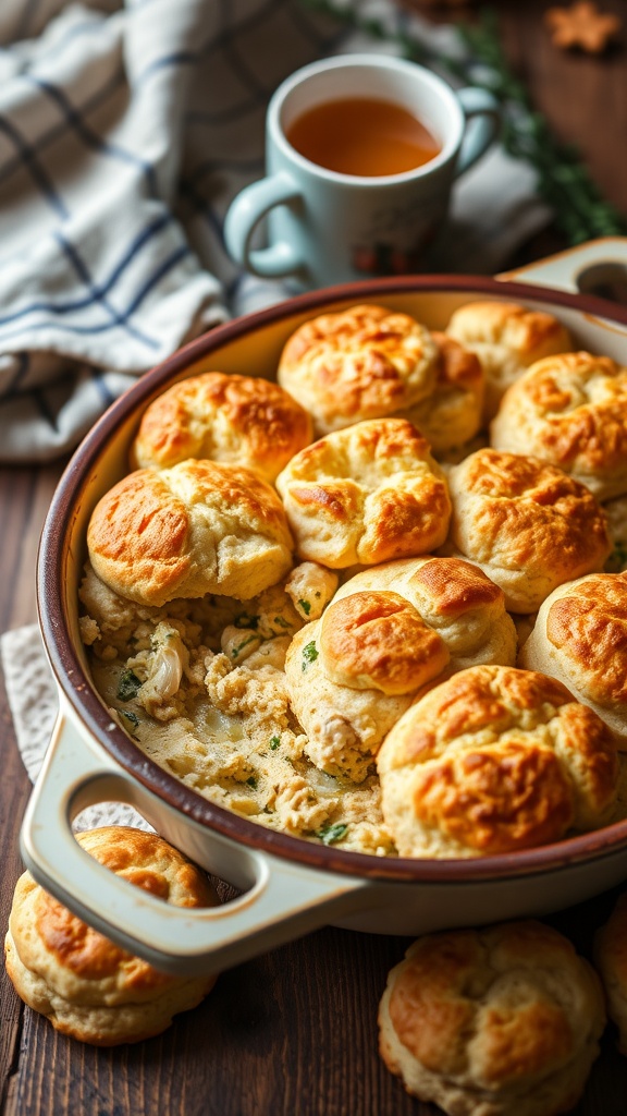 A creamy green chile chicken casserole topped with golden biscuits, served in a rustic dish with a cozy blanket and a cup of tea.