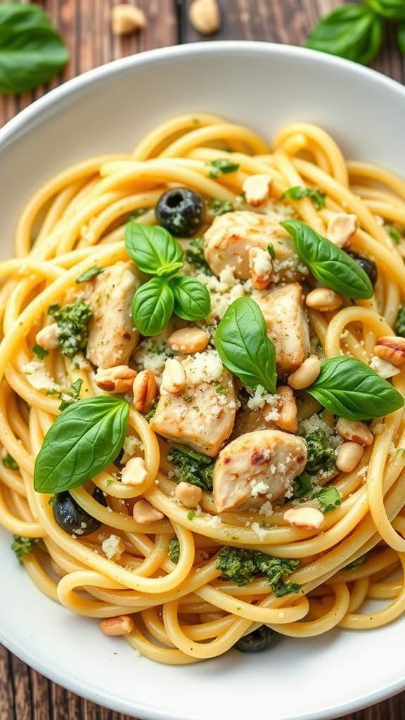 A plate of creamy pesto chicken pasta with fresh basil and almonds