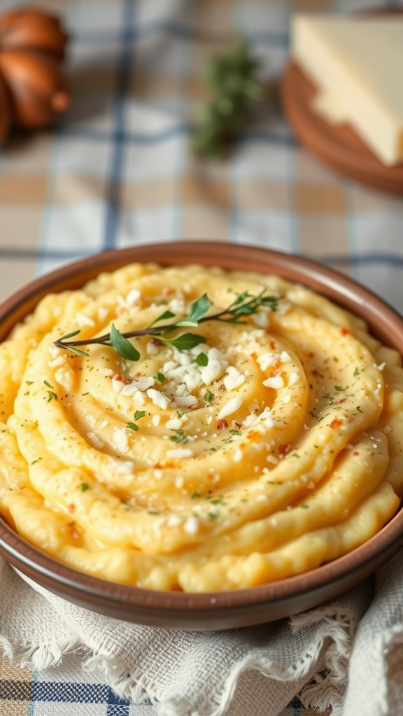 A bowl of creamy polenta topped with herbs and cheese