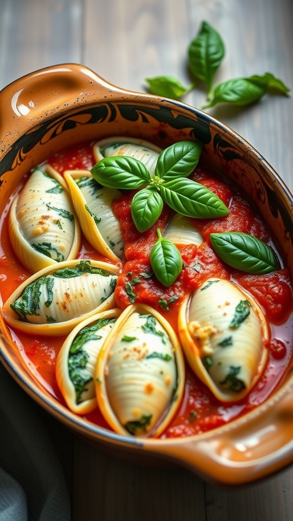 Creamy spinach and ricotta stuffed pasta shells in tomato sauce with fresh basil