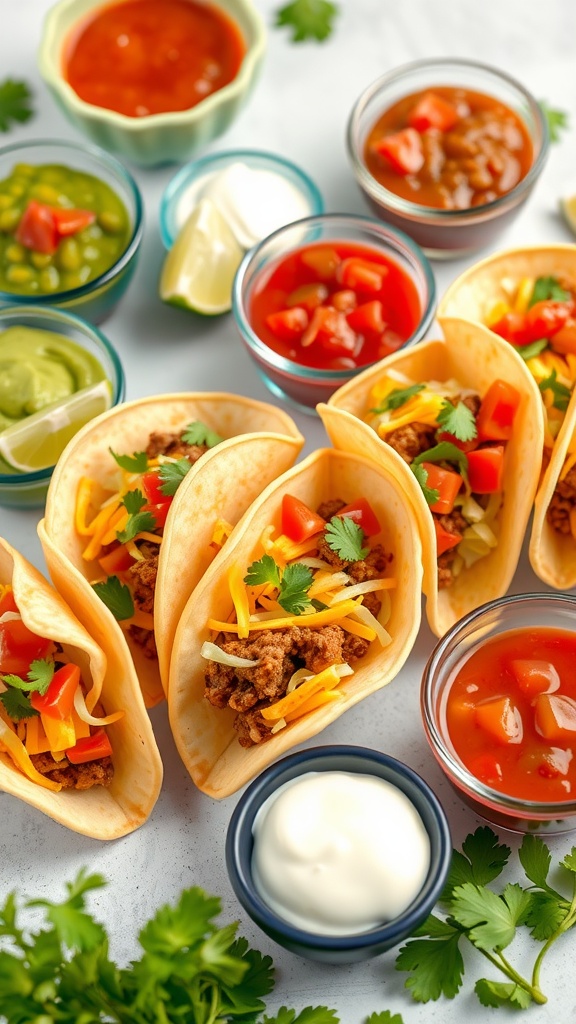 Mini taco bar with seasoned beef, fresh toppings, and colorful bowls of condiments, perfect for a Cinco de Mayo celebration.