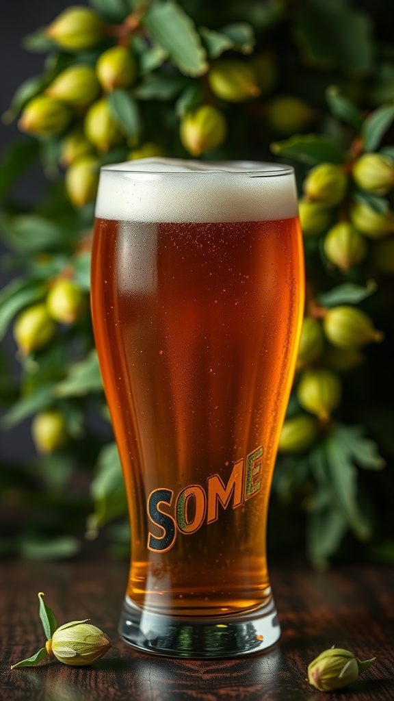 A glass of Crisp American Pale Ale with a frothy head, surrounded by hops.