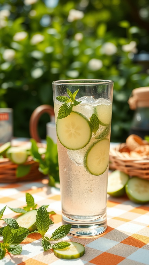 A refreshing glass of crisp cucumber lager with cucumber slices and mint leaves, surrounded by greenery.