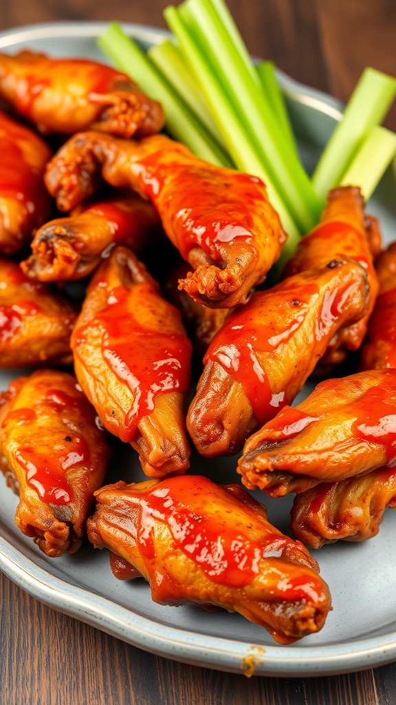 A plate of crispy baked chicken wings drizzled with sauce and served with celery sticks.