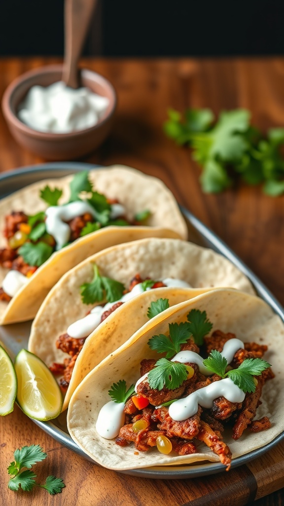 Three crispy beef tacos topped with cilantro and cream, served with lime wedges on a wooden table.