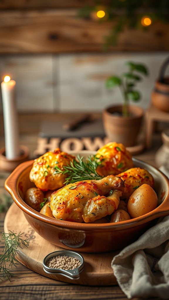 A delicious crispy chicken and potato bake in a rustic dish, garnished with herbs.