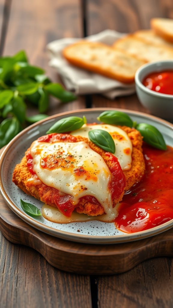 A plate of crispy chicken parmesan with melted cheese and marinara sauce.