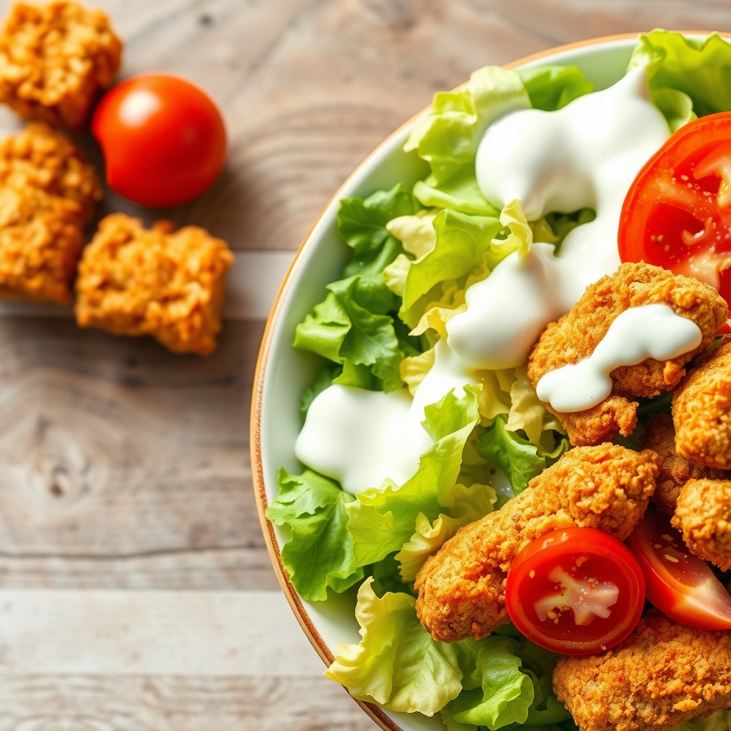 A bowl of crispy chicken salad with lettuce, tomatoes, and ranch dressing.