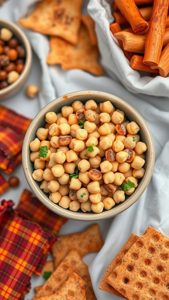 A bowl of crispy chickpeas surrounded by snacks and colorful cloth