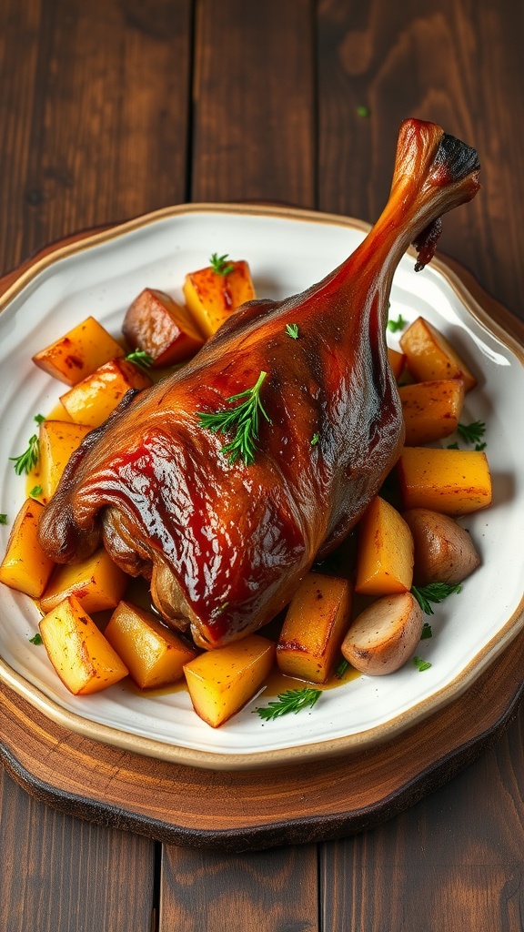 A plate featuring crispy duck leg confit served with roasted garlic potatoes, garnished with herbs.