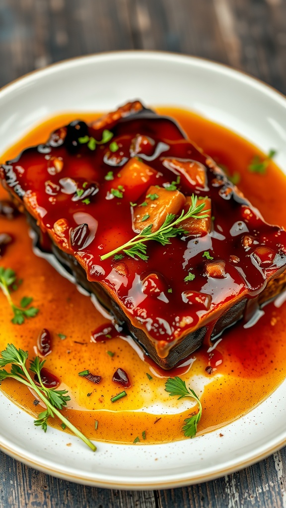 A delicious serving of crispy pork belly glazed with maple, garnished with herbs.