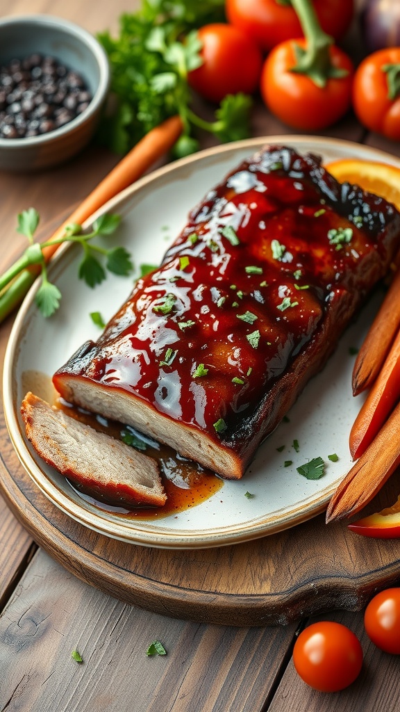 A plate of crispy pork belly with a shiny maple glaze, garnished with herbs, surrounded by fresh vegetables.