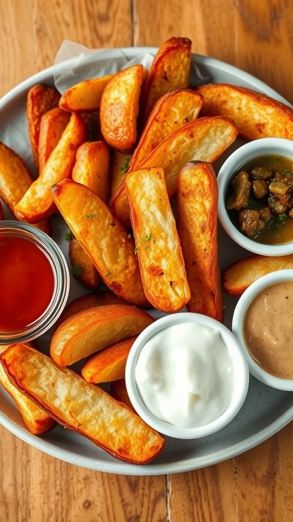 A plate of crispy potato wedges served with three different dips