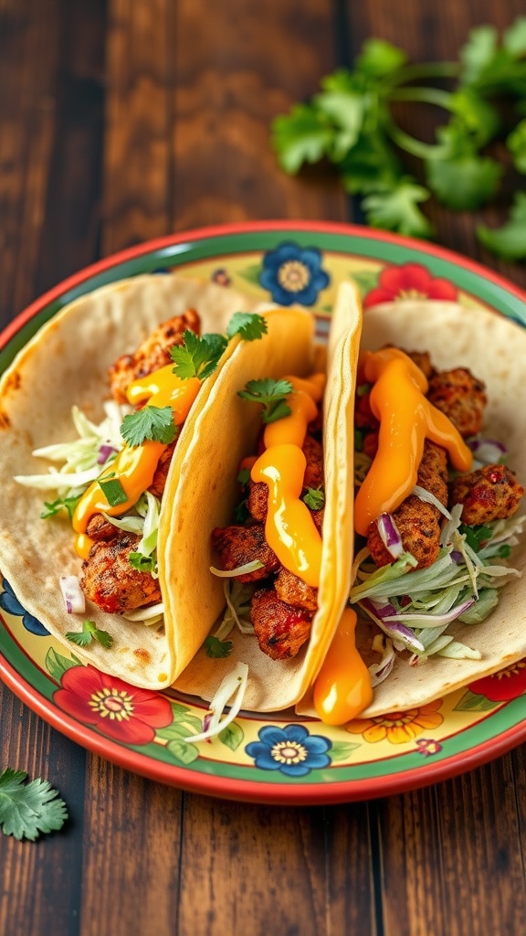 Three crispy tuna tacos with cabbage slaw, cheese sauce, and cilantro on a colorful plate.