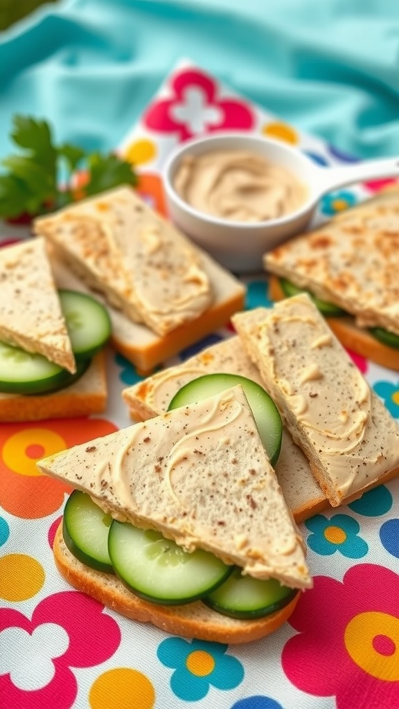 Cucumber and hummus sandwiches arranged on a colorful picnic blanket.