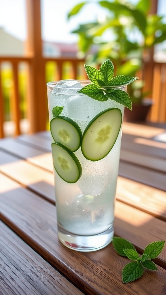 A refreshing cucumber mint rum cooler served in a tall glass with cucumber slices and mint leaves.