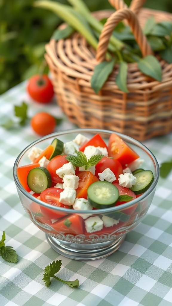 A bowl of cucumber tomato feta salad with fresh ingredients.