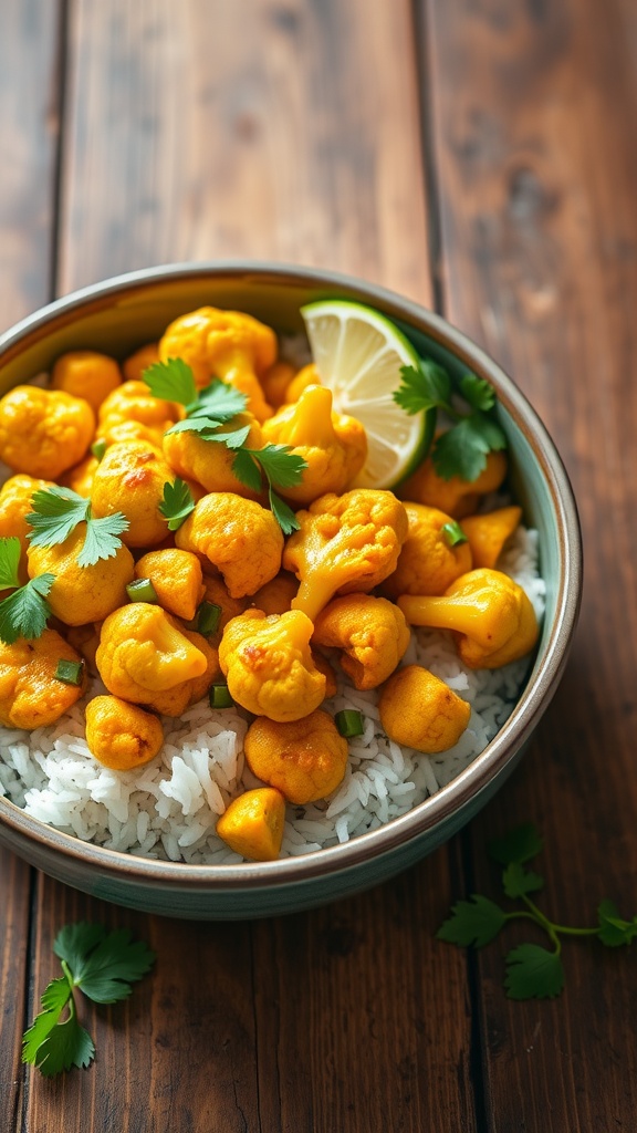 Curried cauliflower served over rice with cilantro and lime