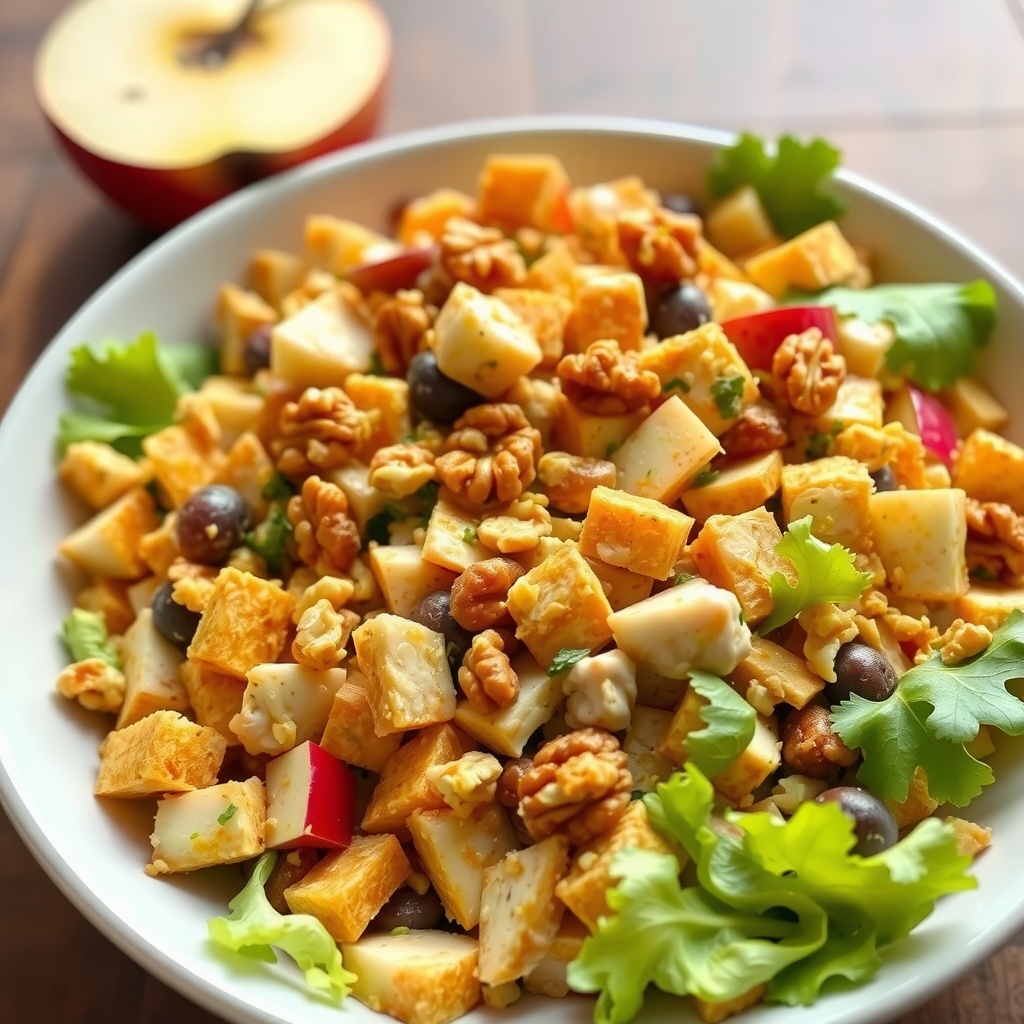 A bowl of colorful curried chicken salad with apples and nuts