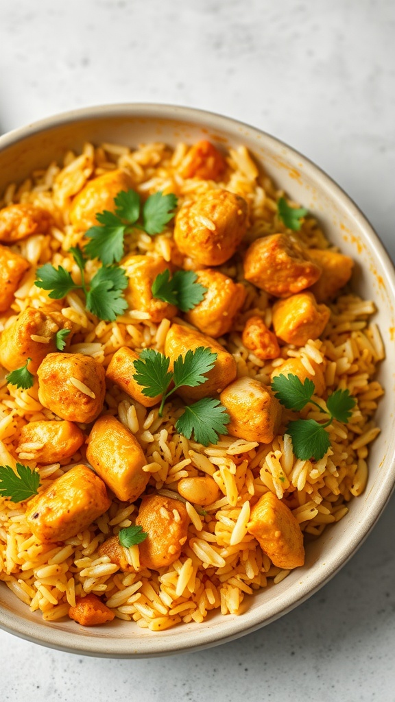 A delicious bowl of curry chicken and rice casserole with green cilantro on top.