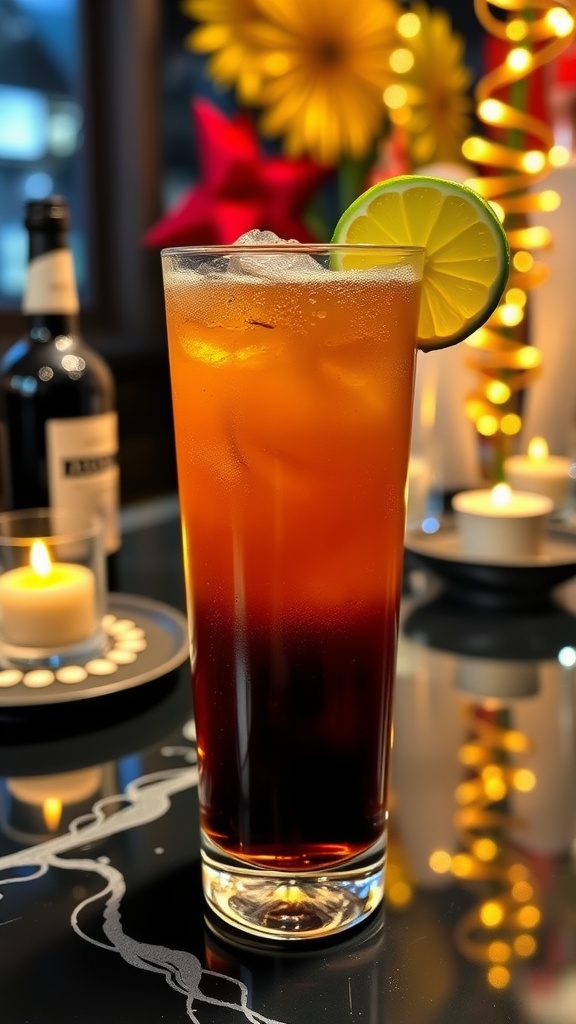 A Dark and Stormy cocktail in a tall glass with a lime twist, accompanied by a bottle of dark rum and festive decorations.