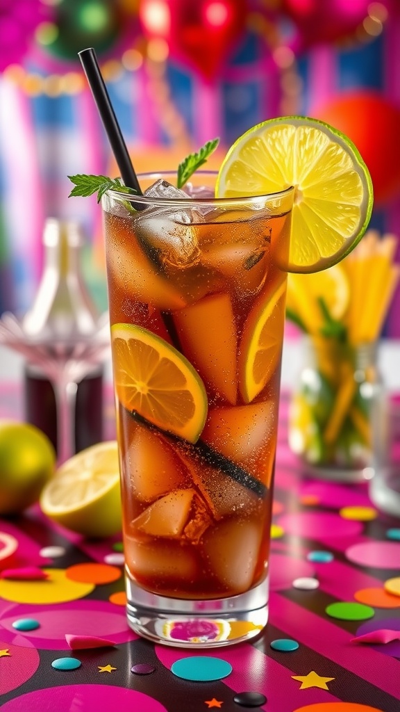 A vibrant Dark 'N' Stormy cocktail with lemon slices and mint in a festive setting.