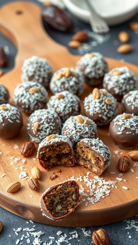 A plate of date and nut truffles on a wooden board, some truffles are cut in half to show the inside.