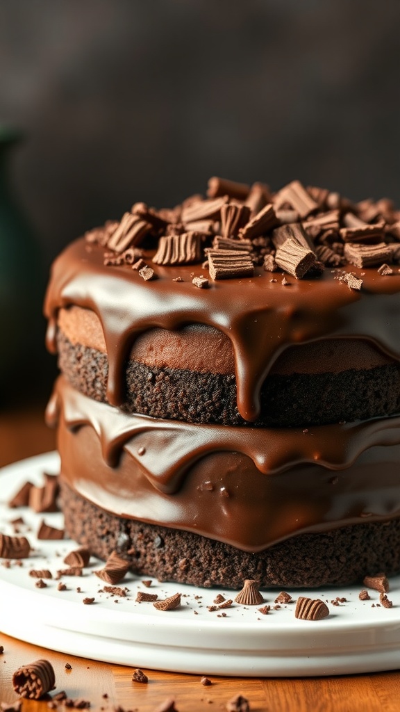 A decadent chocolate ganache layer cake with chocolate shavings on top.