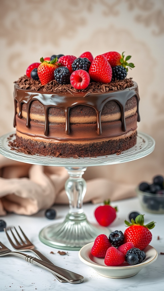 A beautifully decorated chocolate ganache layer cake topped with fresh berries and chocolate shavings.