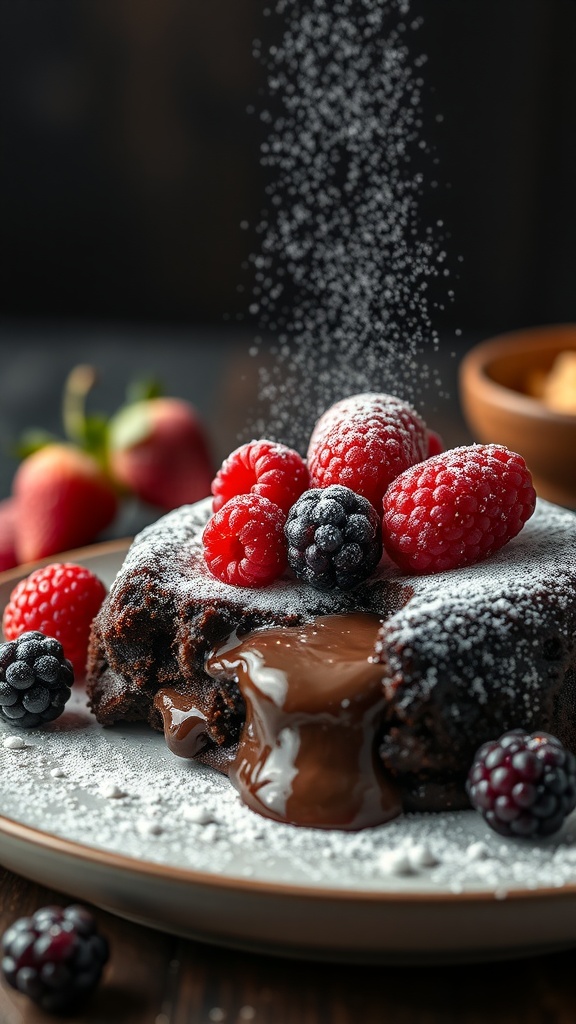 A chocolate lava cake topped with raspberries and blackberries, dusted with powdered sugar.