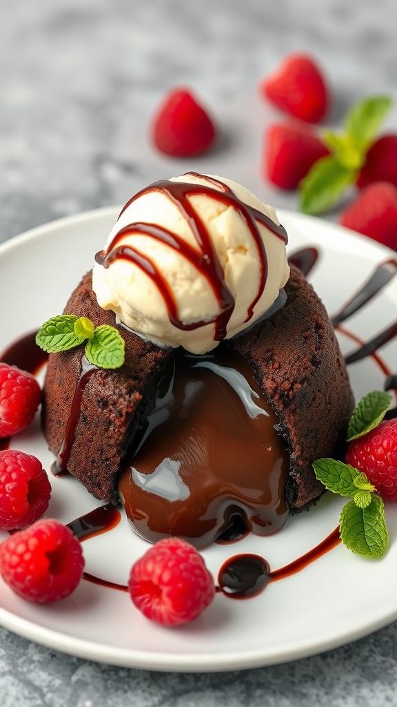 A warm chocolate lava cake topped with vanilla ice cream and drizzled with chocolate sauce, garnished with fresh raspberries and mint leaves.