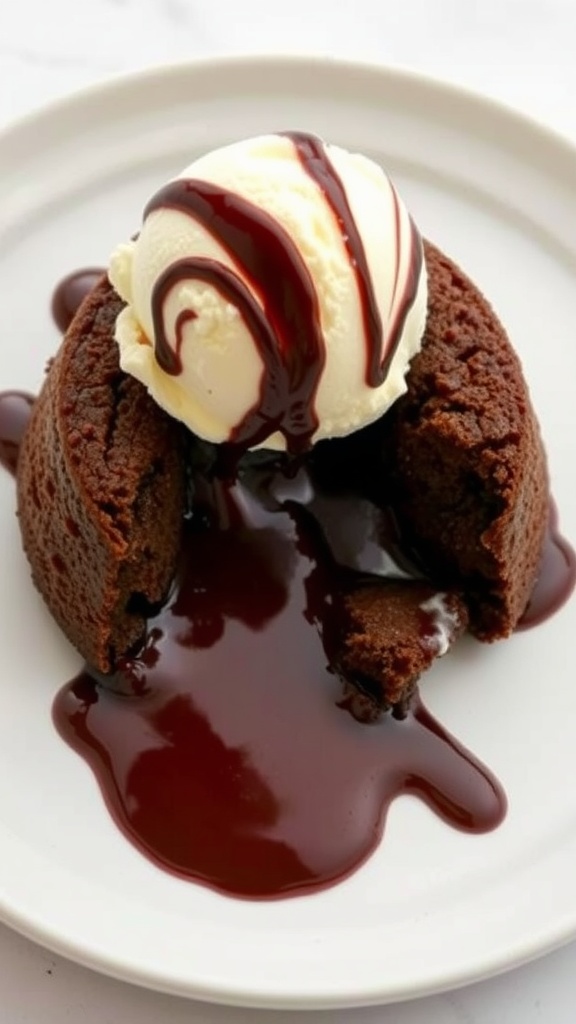 Chocolate lava cake with melting center and vanilla ice cream on top