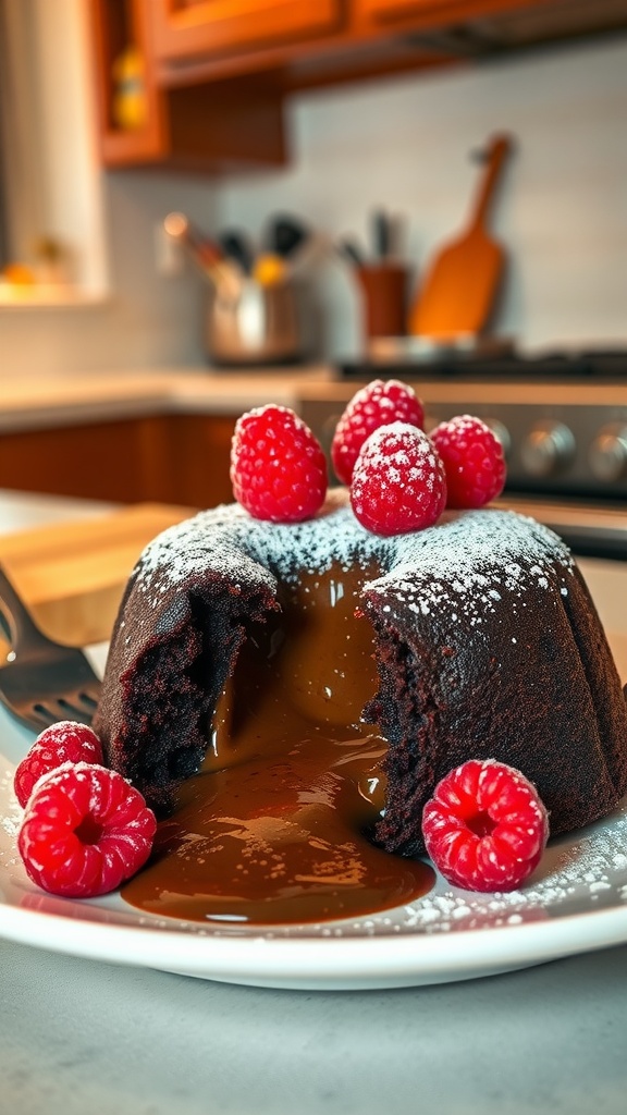 Plate of chocolate lava cake with melted center, garnished with raspberries.