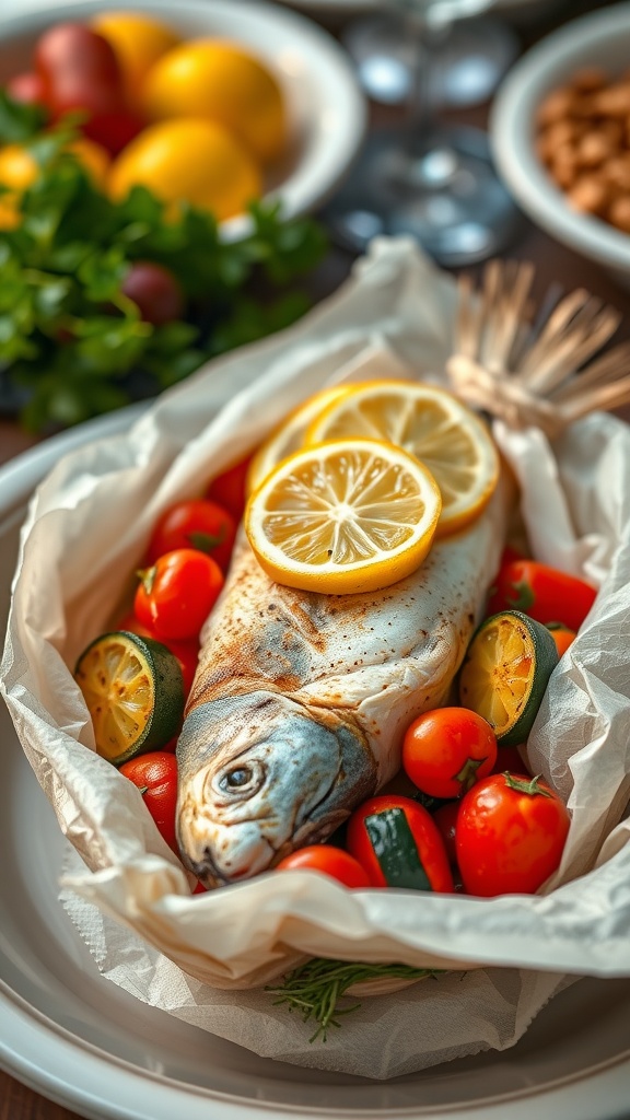 Branzino fish en papillote with cherry tomatoes and zucchini in parchment paper, served on a rustic wooden table.