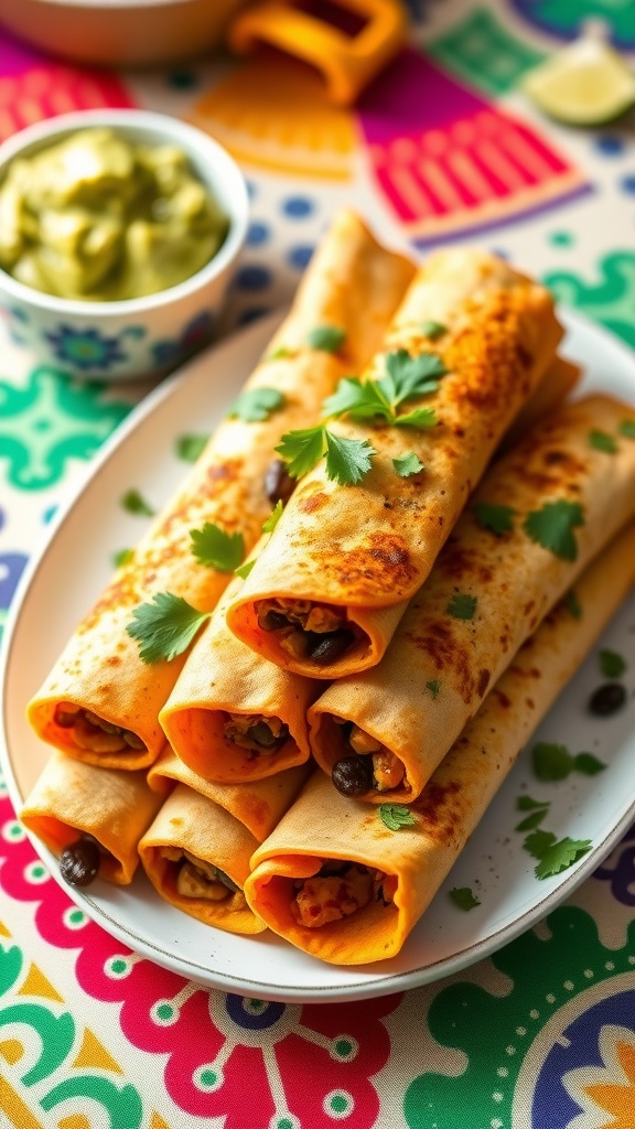Crispy sweet potato and black bean taquitos on a plate with cilantro, guacamole, and sour cream.