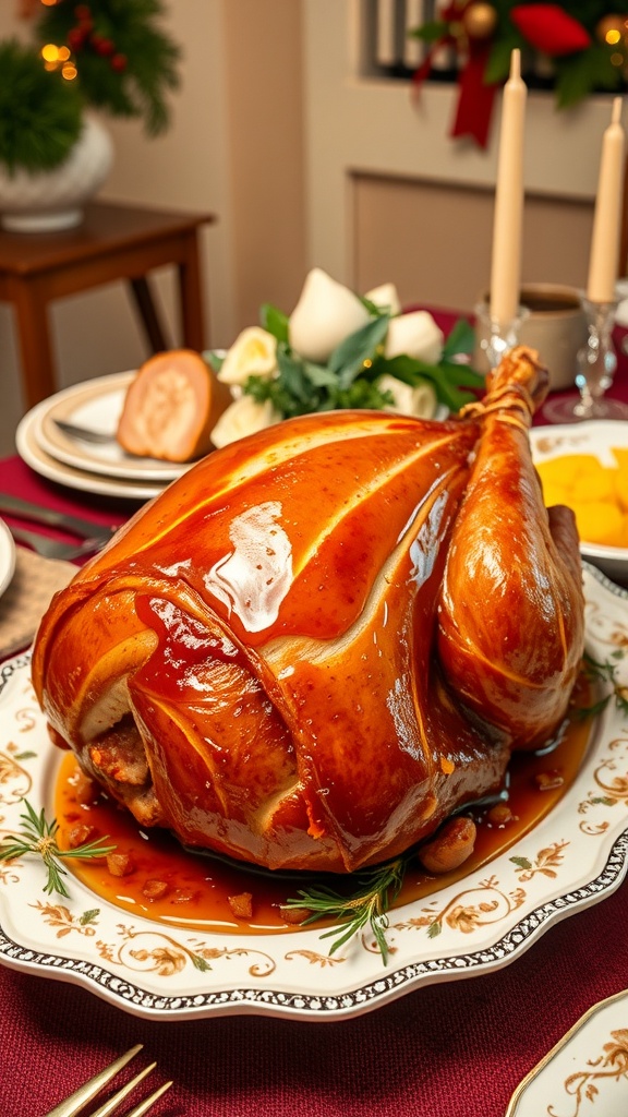A beautifully glazed baked ham on a festive table setting.