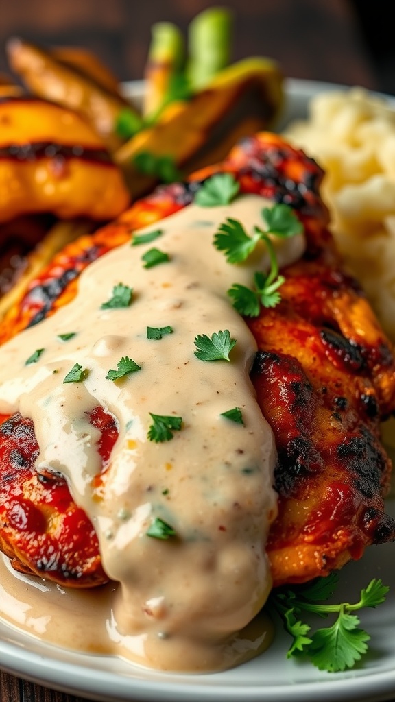 Grilled BBQ chicken breast drizzled with creamy sauce, served with grilled vegetables and mashed potatoes.