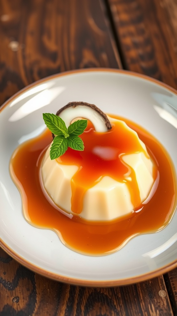 Creamy Coconut Flan with Caramel Sauce Creamy coconut flan with caramel sauce, garnished with coconut slice and mint, on a rustic wooden table.