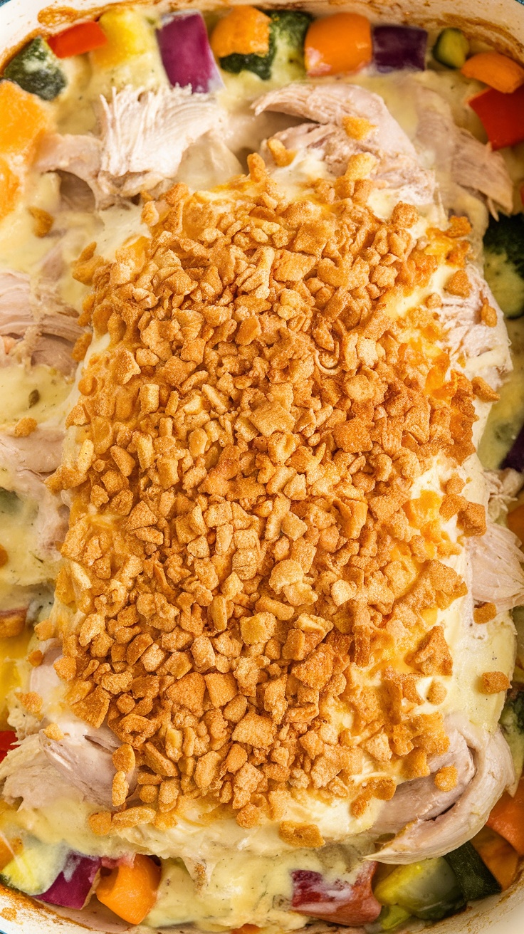 Creamy chicken casserole with golden cracker topping, served in a rustic ceramic dish.