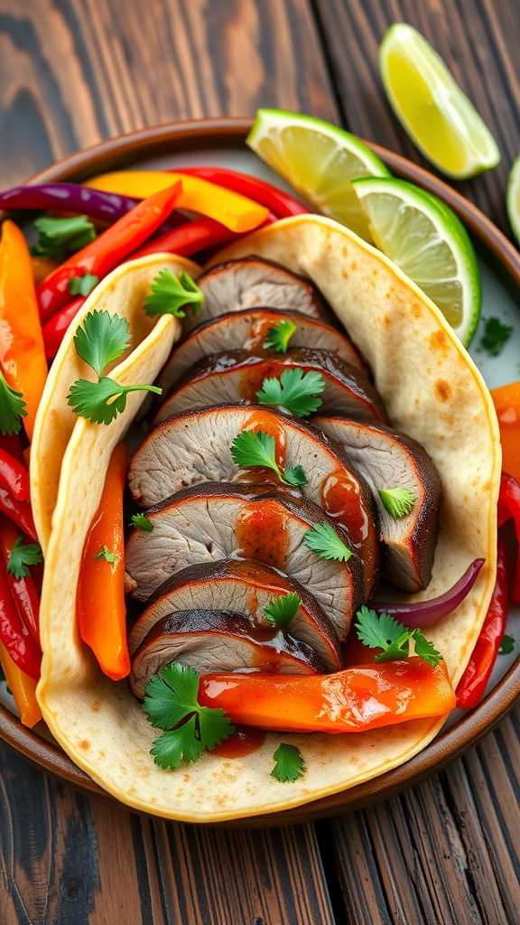 A plate of duck fajitas with sliced duck breast, colorful bell peppers, and onions, garnished with cilantro and lime, on a wooden table.