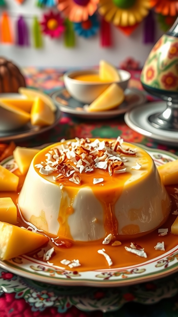 Creamy coconut flan topped with toasted coconut flakes, surrounded by fresh fruit, on a decorated table for Cinco de Mayo.