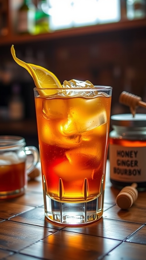 A Honey Ginger Bourbon Cocktail in a glass with ice, garnished with ginger and lemon, on a wooden bar.