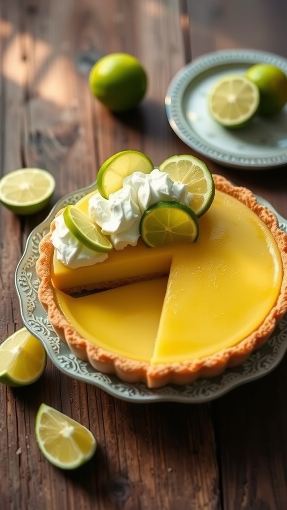 A refreshing key lime tart with whipped cream and lime slices on a rustic wooden table.