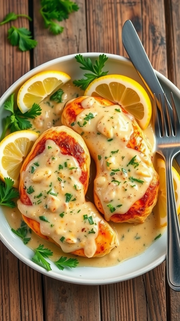 Lemon Herb Chicken topped with creamy garlic sauce, garnished with parsley and lemon wedges on a rustic table.