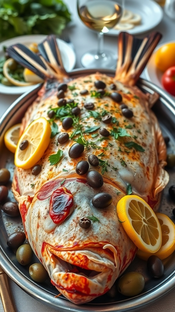 Roasted branzino with olives and capers, garnished with lemon slices on a wooden platter.