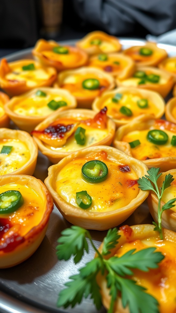 Spicy Jalapeño and Cheese Mini Quiches Golden mini quiches with jalapeños and cheese on a festive platter for Cinco de Mayo.