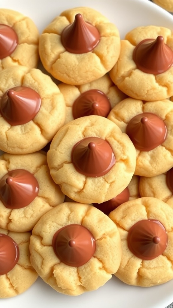 A plate of soft peanut butter blossom cookies topped with chocolate kisses, set against a rustic kitchen backdrop.