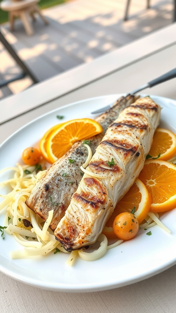 Pan-seared branzino with orange segments and fennel salad on a white plate, garnished with herbs.