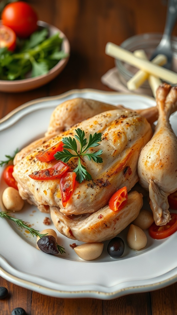 A perfectly roasted herb-infused spatchcock turkey on a rustic platter, garnished with herbs and lemons.