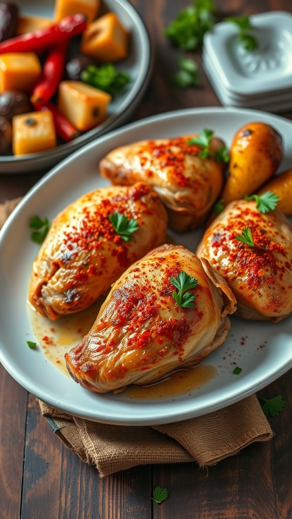 Golden brown paprika chicken thighs garnished with parsley, served with roasted vegetables.